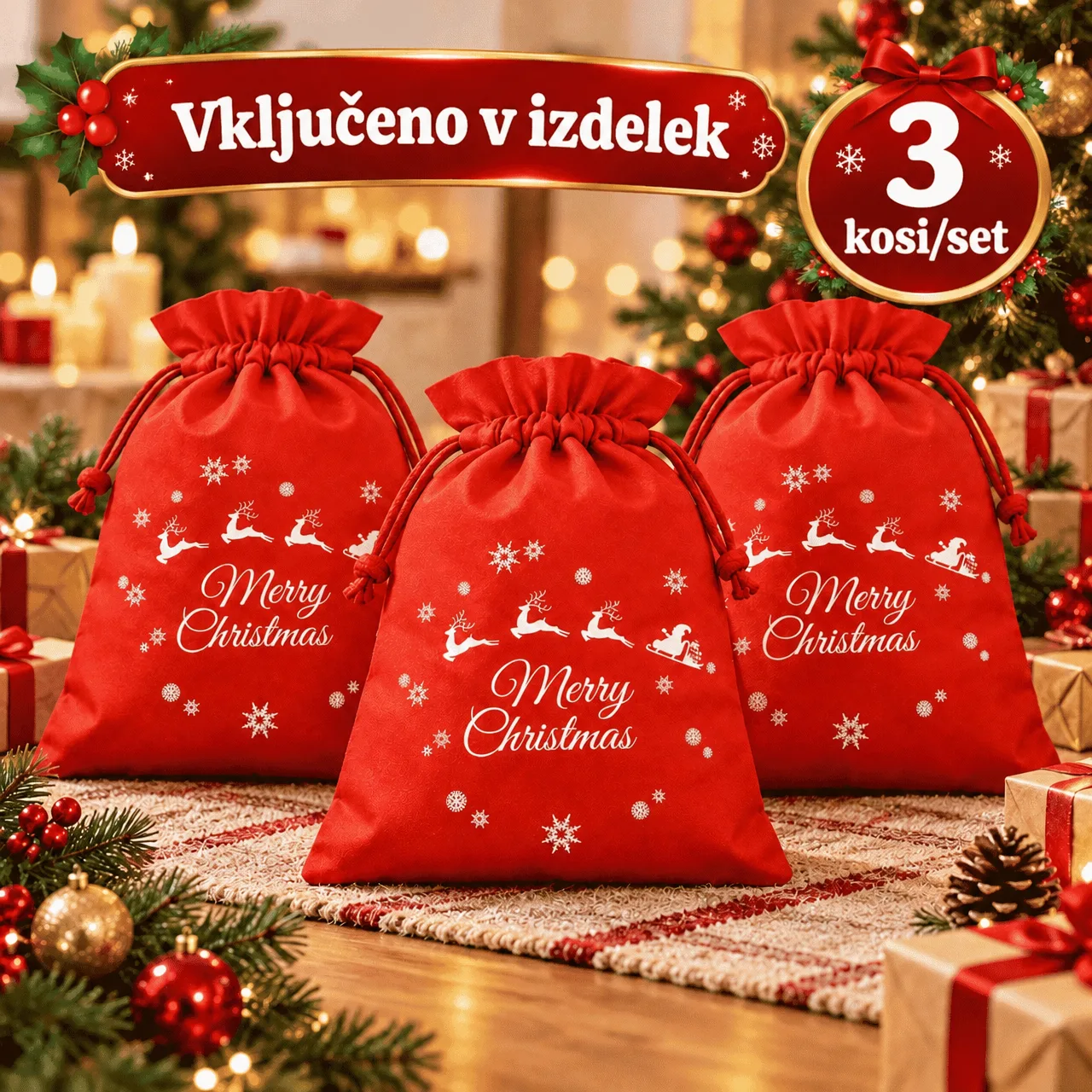 Vianočné látkové vrecká, 3× vrecko - Image 2